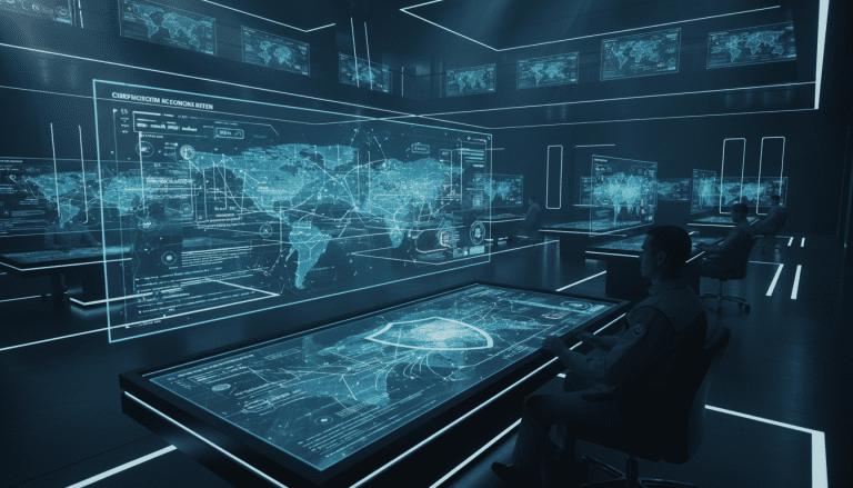 Centro de operaciones de seguridad de información geoespacial con mapas digitales y proyecciones holográficas de alta tecnología.