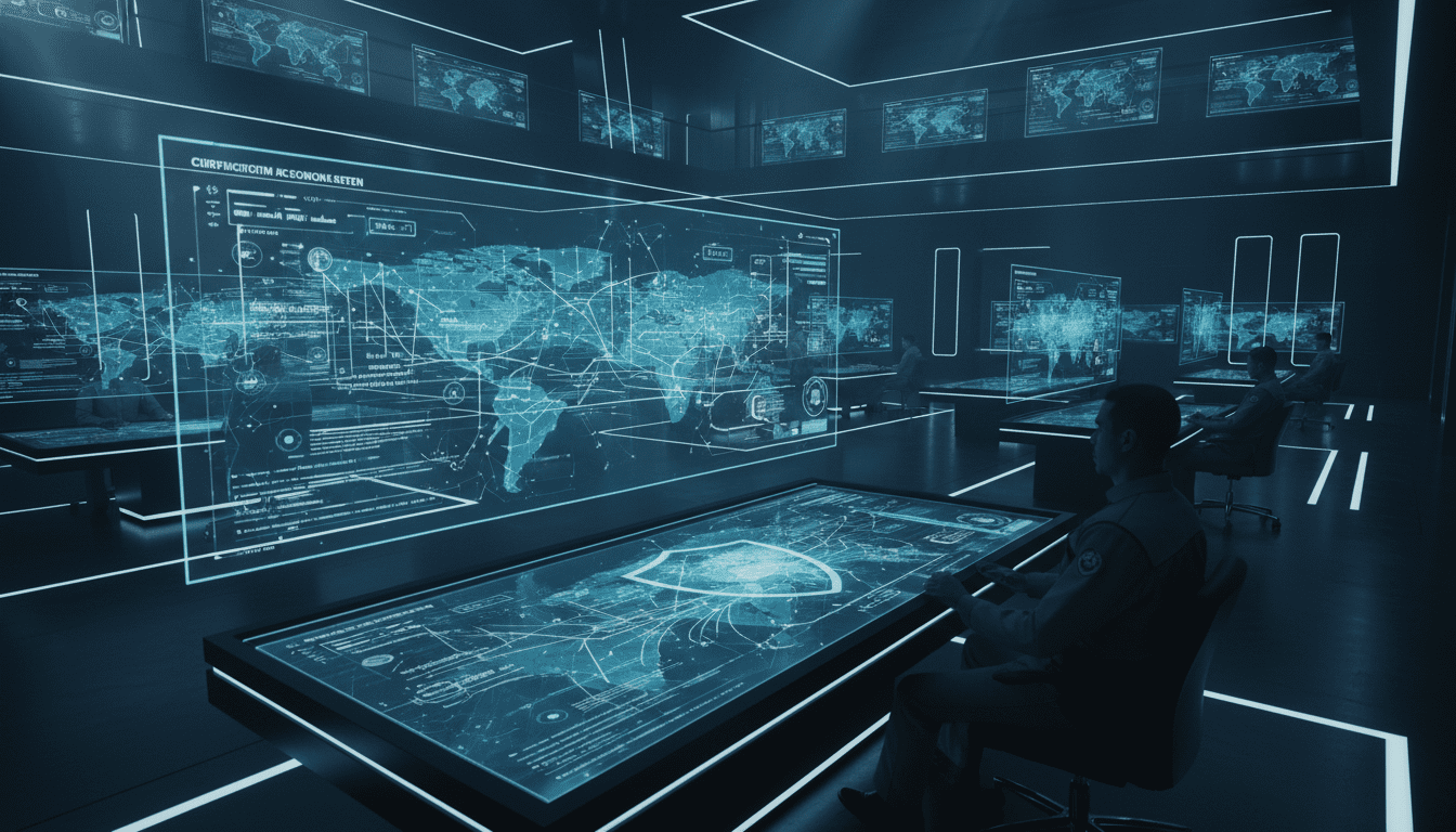 Centro de operaciones de seguridad de información geoespacial con mapas digitales y proyecciones holográficas de alta tecnología.