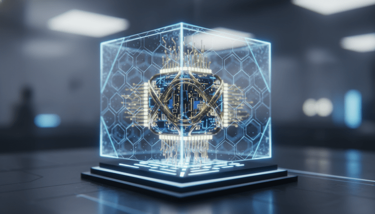 Procesador de computadora cuántica protegido por un campo de energía brillante como representación de la seguridad cuántica resistente.