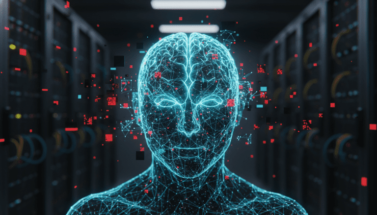 Concepto visual de seguridad en inteligencia artificial enfrentando amenazas ciberneticas digitales