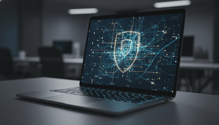 Laptop abierta con conexiones digitales abstractas simbolizando seguridad en videoconferencias y trabajo híbrido.