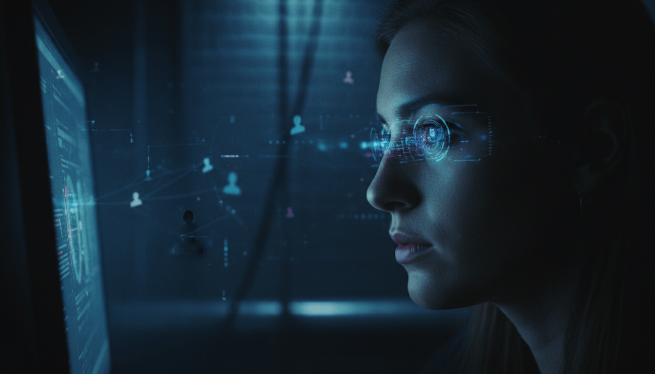 Persona revisando su huella digital y seguridad en línea en una pantalla oscura.