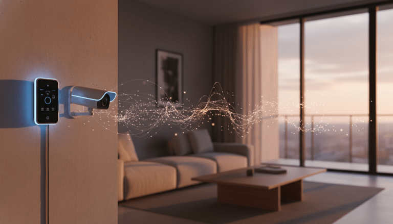 Dispositivos de casa inteligente interconectados mostrando la vulnerabilidad de la red IoT frente a ciberataques en un hogar moderno.