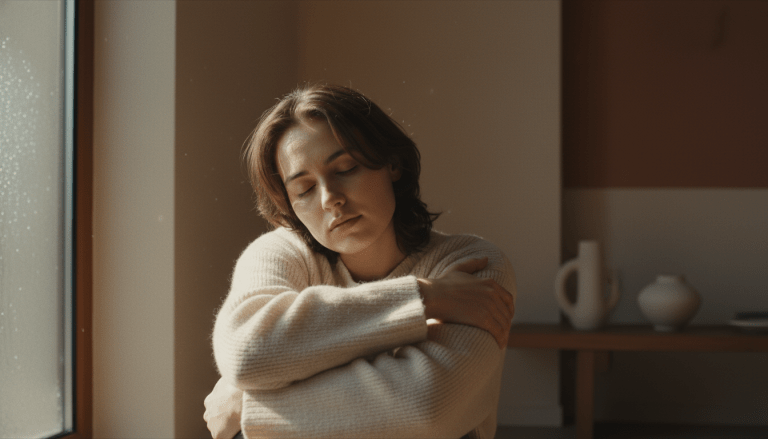 Persona en un momento de introspección y seguridad emocional transmitiendo paz y vulnerabilidad