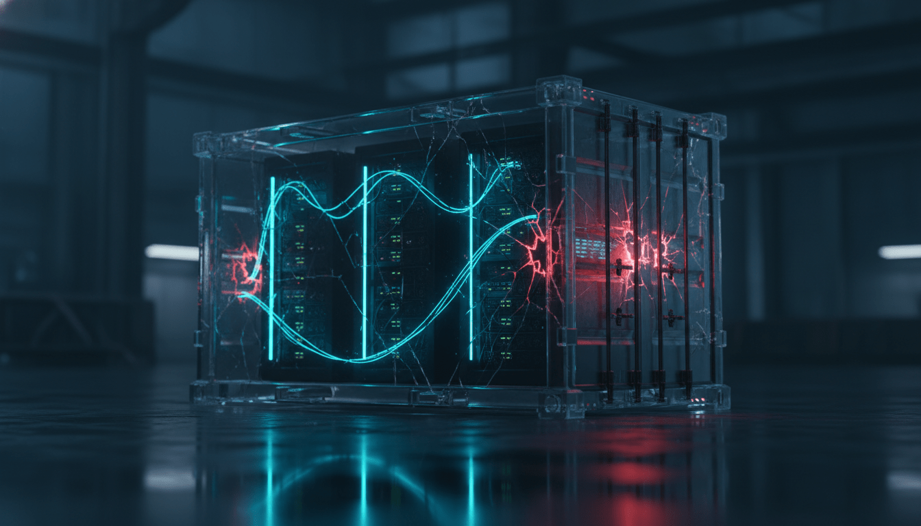 Concepto visual de seguridad en contenedores Docker: un contenedor de cristal transparente con grietas y fugas de datos digitales.