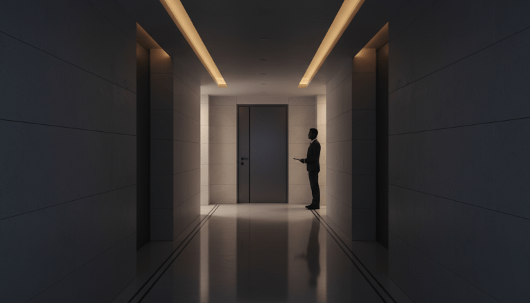 Pasillo de edificio residencial moderno con medidas de seguridad y diseño minimalista.