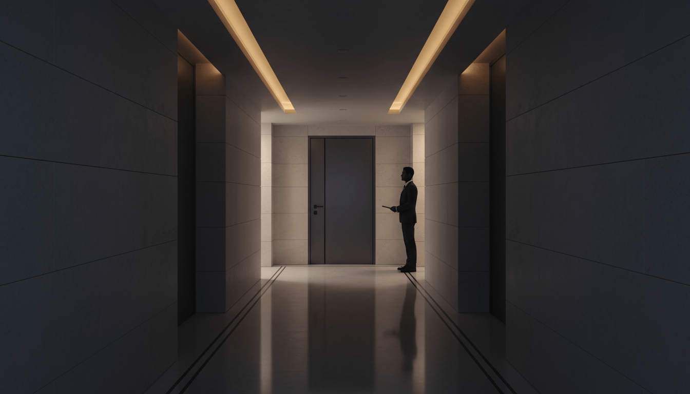 Pasillo de edificio residencial moderno con medidas de seguridad y diseño minimalista.