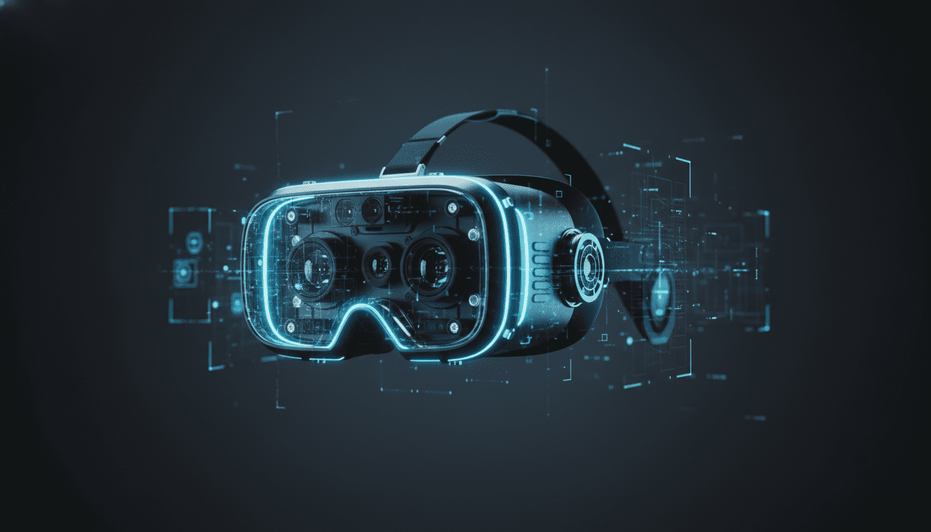 Visor de realidad extendida flotando rodeado de sensores digitales y partículas de datos que representan riesgos de ciberseguridad.