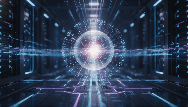 Representación visual de seguridad en computación serverless con luces digitales y protección de datos en la nube.