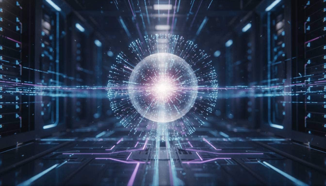 Representación visual de seguridad en computación serverless con luces digitales y protección de datos en la nube.