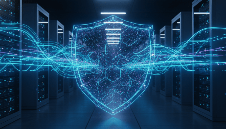 Representación visual de la seguridad y vulnerabilidades en una red 5G con conexiones digitales y escudos de datos.