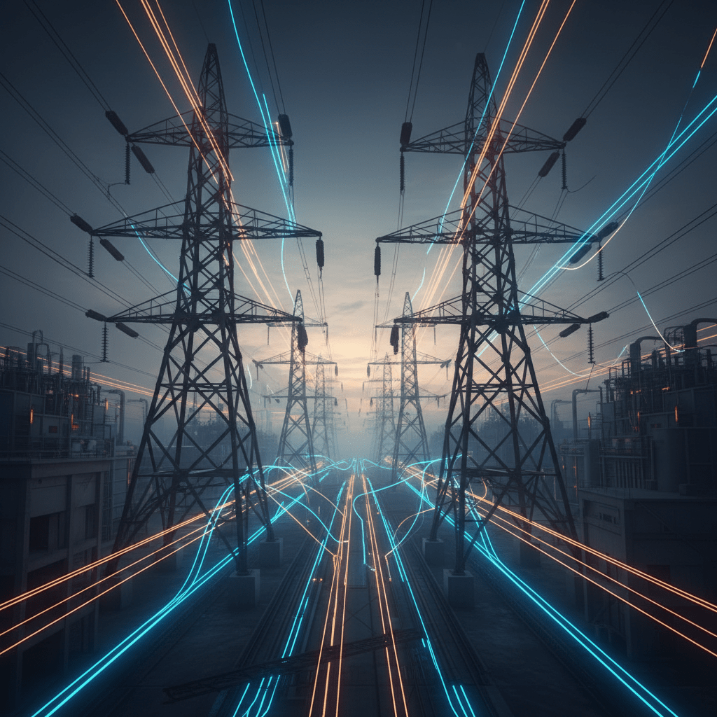 Infraestructura energética moderna con redes de datos digitales superpuestas en un entorno industrial.