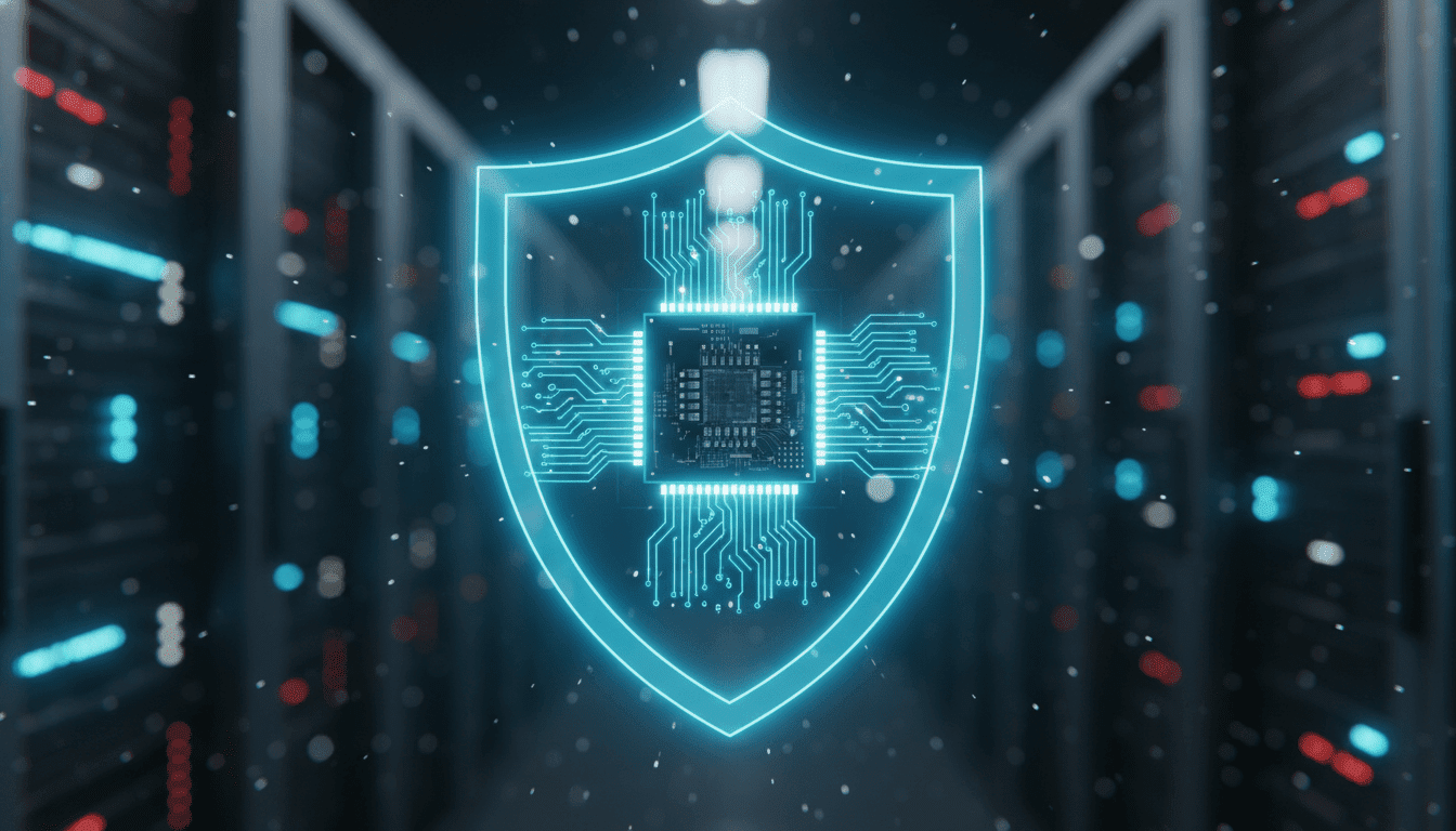 Procesador de computadora protegido por un escudo de datos holografico azul representando seguridad en la computacion confidencial.