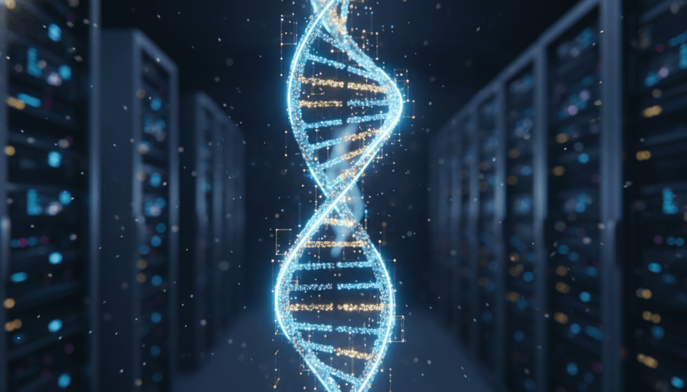 Estructura de ADN digital brillante que representa el concepto de seguridad en la computación de ADN