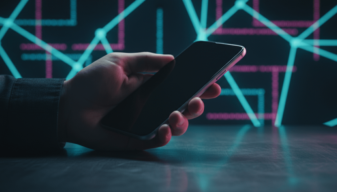 Smartphone sobre superficie metálica oscura con fondo de luces digitales para ilustrar seguridad y cifrado de datos