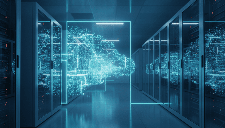 Infraestructura de seguridad avanzada en un entorno de nube híbrida empresarial con servidores y nodos digitales.