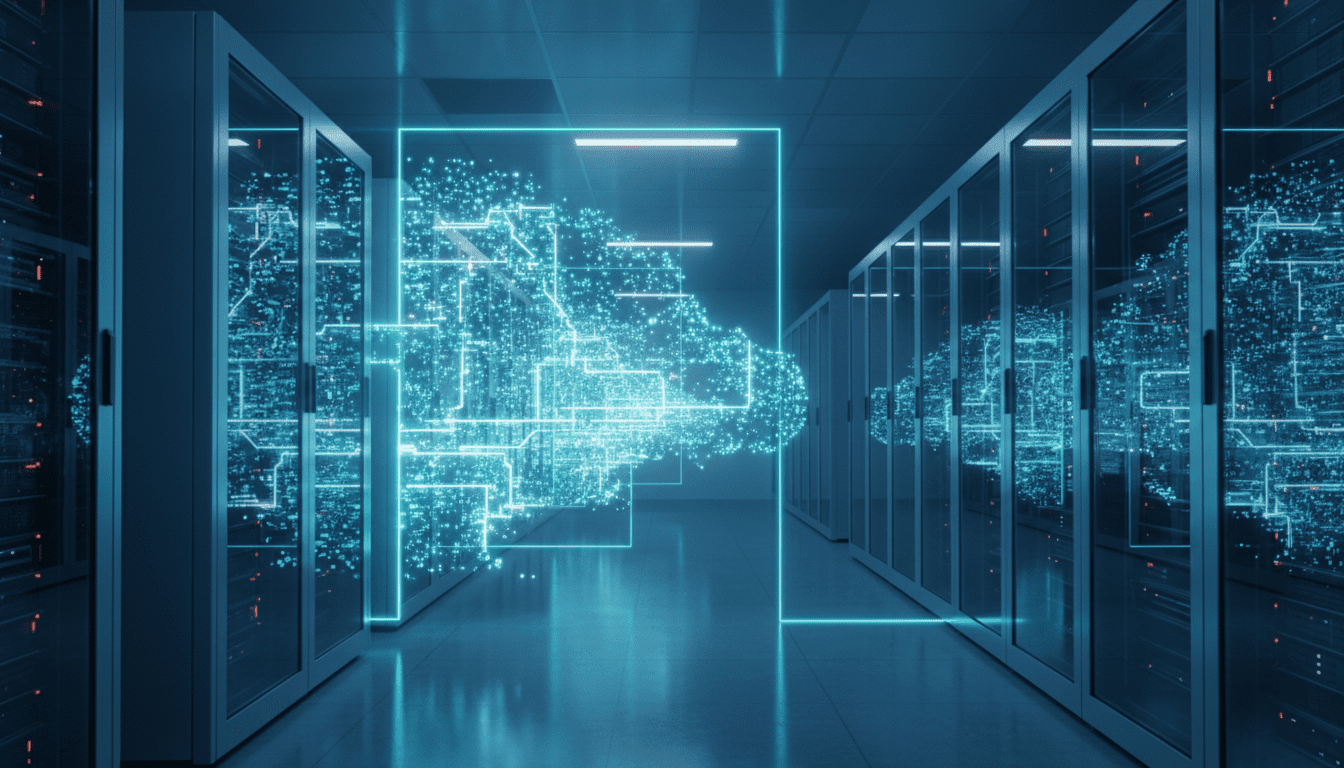 Infraestructura de seguridad avanzada en un entorno de nube híbrida empresarial con servidores y nodos digitales.