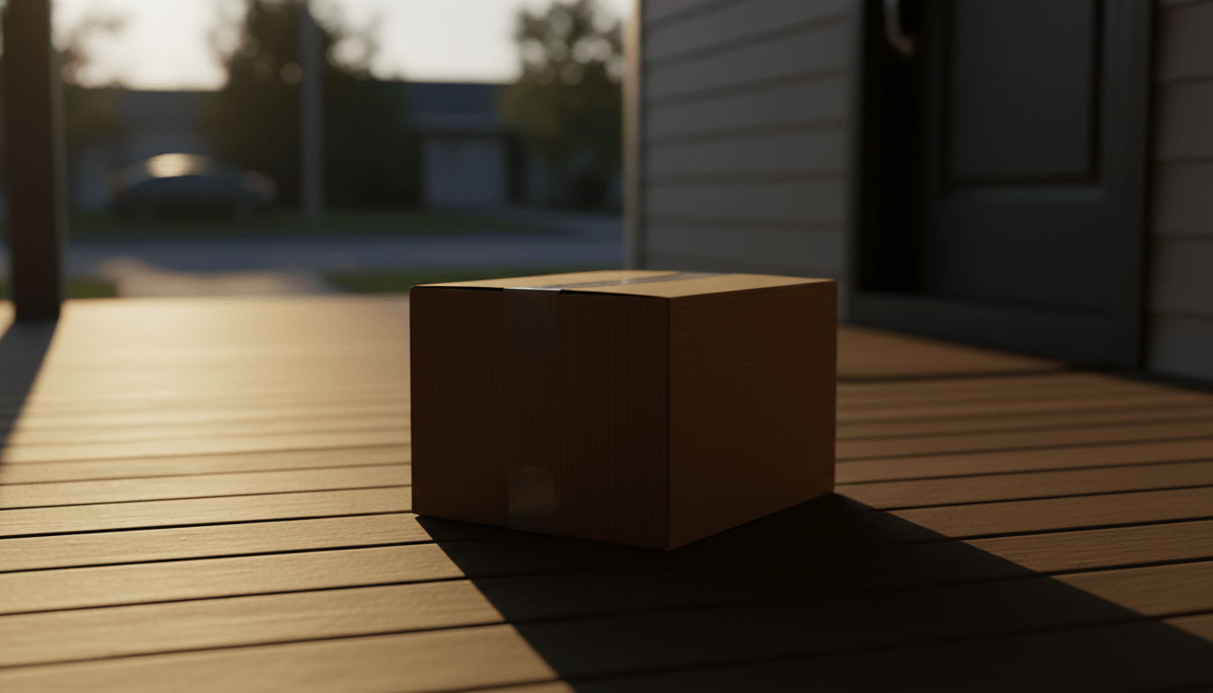 Paquete de cartón abandonado en la entrada de una casa al atardecer simbolizando riesgo de robo