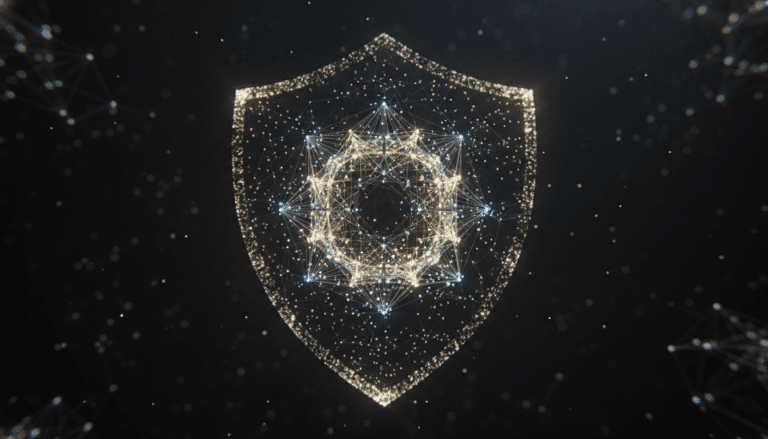 Red de nodos digitales interconectados con proteccion de datos que representa la seguridad de la tecnologia DLT