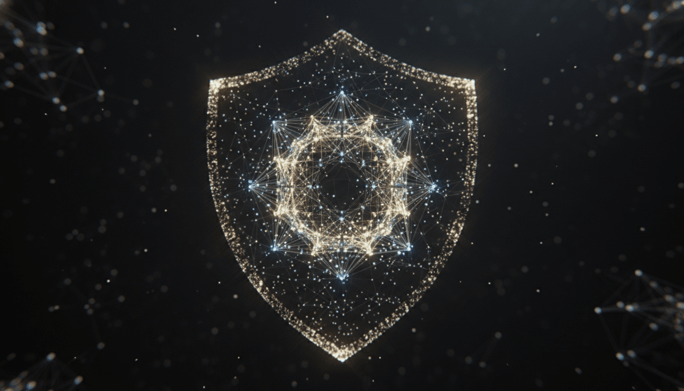 Red de nodos digitales interconectados con proteccion de datos que representa la seguridad de la tecnologia DLT