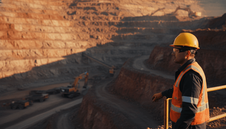 Ingeniero minero supervisando seguridad en una faena minera a cielo abierto durante el atardecer.