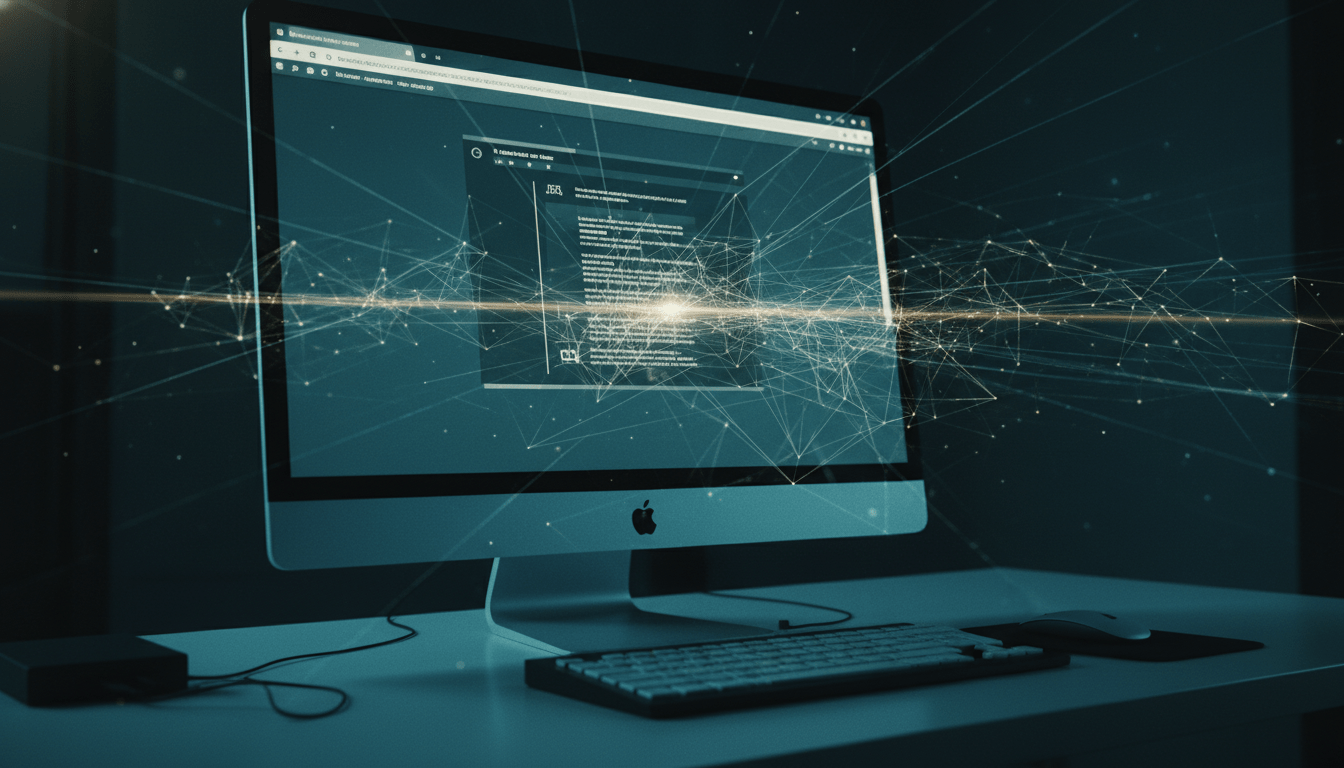 Concepto de ciberseguridad que muestra una red digital invisible saliendo de un navegador web hacia un escritorio.