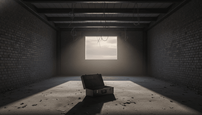 Interior de obra en construcción vulnerable durante la noche con herramientas expuestas