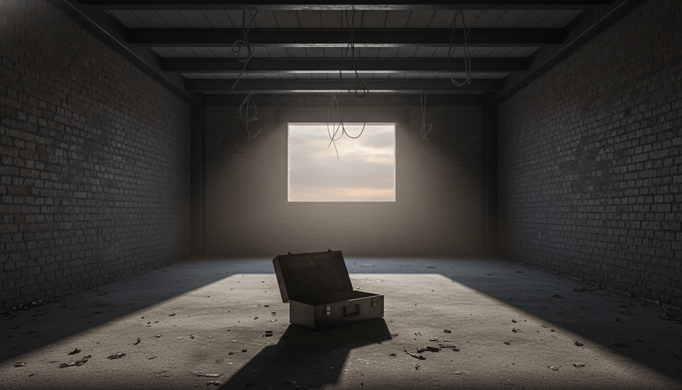 Interior de obra en construcción vulnerable durante la noche con herramientas expuestas