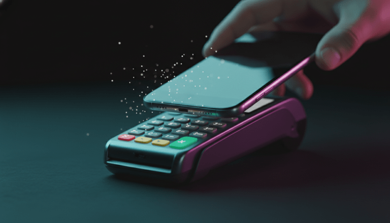 Mano acercando un smartphone a un terminal de pago inalámbrico con tecnología NFC