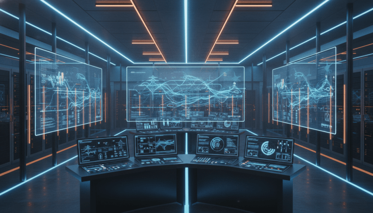 Sala de control de sistemas industriales modernos con tecnología de ciberseguridad avanzada y pantallas de monitoreo