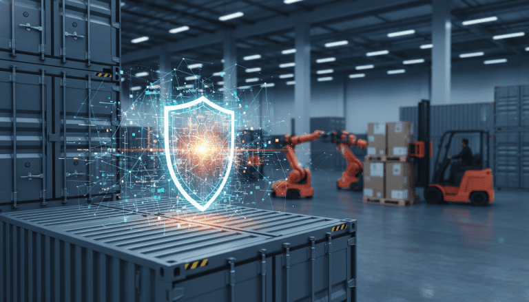 Centro de logística inteligente con protección de ciberseguridad y red digital de datos para la cadena de suministro.