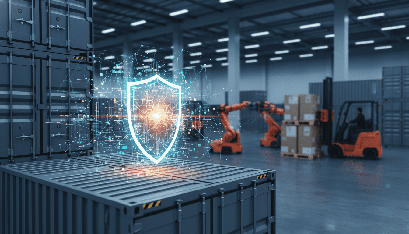 Centro de logística inteligente con protección de ciberseguridad y red digital de datos para la cadena de suministro.