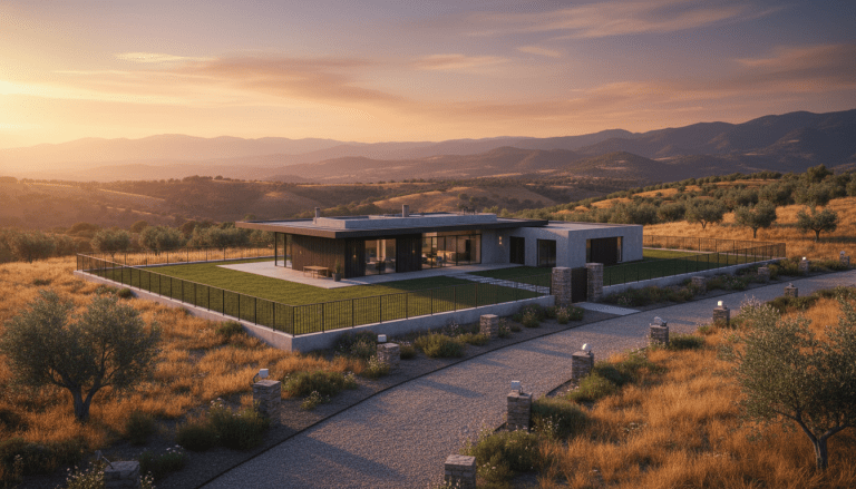 Casa de campo moderna con sistema de seguridad perimetral avanzado en un entorno rural tranquilo.