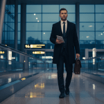 Ejecutivo corporativo caminando en un aeropuerto moderno representando la seguridad y protección de viajes de alta gerencia.
