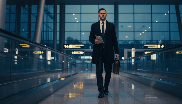 Ejecutivo corporativo caminando en un aeropuerto moderno representando la seguridad y protección de viajes de alta gerencia.