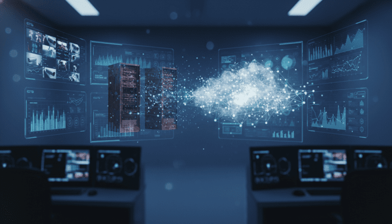 Concepto de seguridad fisica como servicio PSaaS mostrando tecnologia en la nube y gestion de datos.