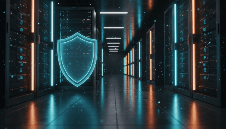 Centro de datos de alta seguridad con servidores iluminados y protección cibernética abstracta