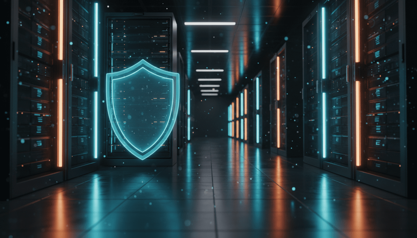 Centro de datos de alta seguridad con servidores iluminados y protección cibernética abstracta