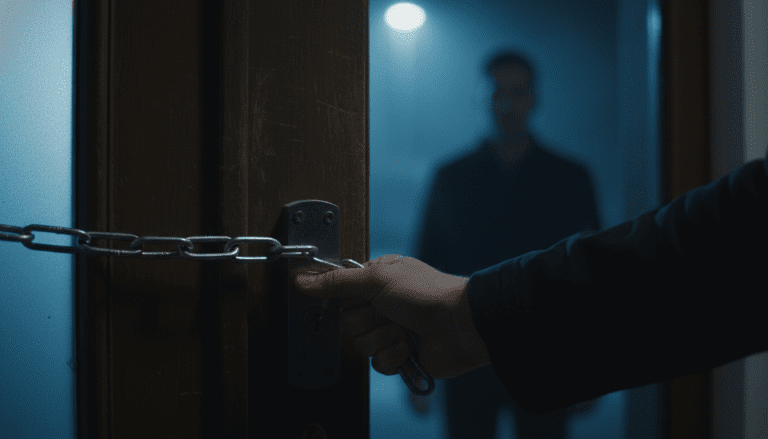 Persona desconocida llamando a la puerta de una casa pidiendo ayuda vista desde el interior con cadena de seguridad puesta.