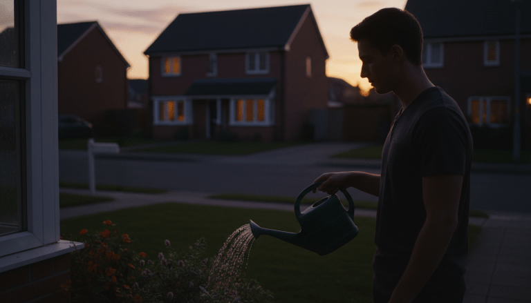 Vecinos en un círculo de confianza realizando vigilancia comunitaria pasiva en un barrio residencial.