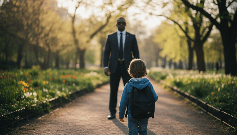 Niño caminando en un parque bajo la vigilancia discreta de un guardaespaldas profesional