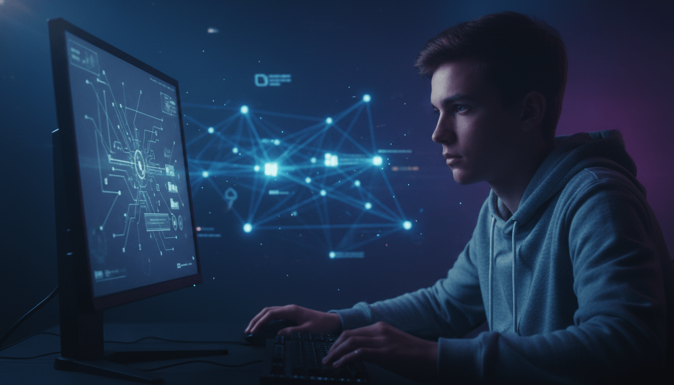 Adolescente jugando en un ordenador gaming con representación visual de red digital y amenazas de ciberseguridad