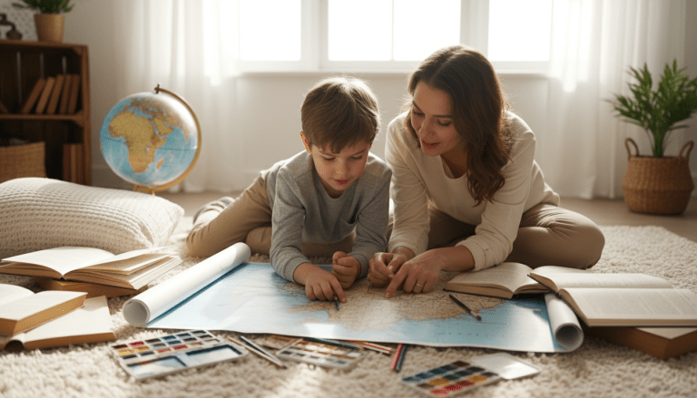 Madre y niño interactuando en un entorno de aprendizaje seguro y acogedor en el hogar
