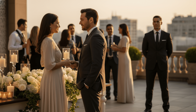 Profesional de seguridad discreto vigilando una elegante boda al aire libre para garantizar la tranquilidad de los invitados.