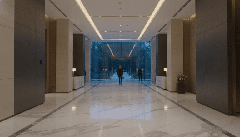 Interior de hotel de lujo con diseño minimalista y ambiente de seguridad discreta