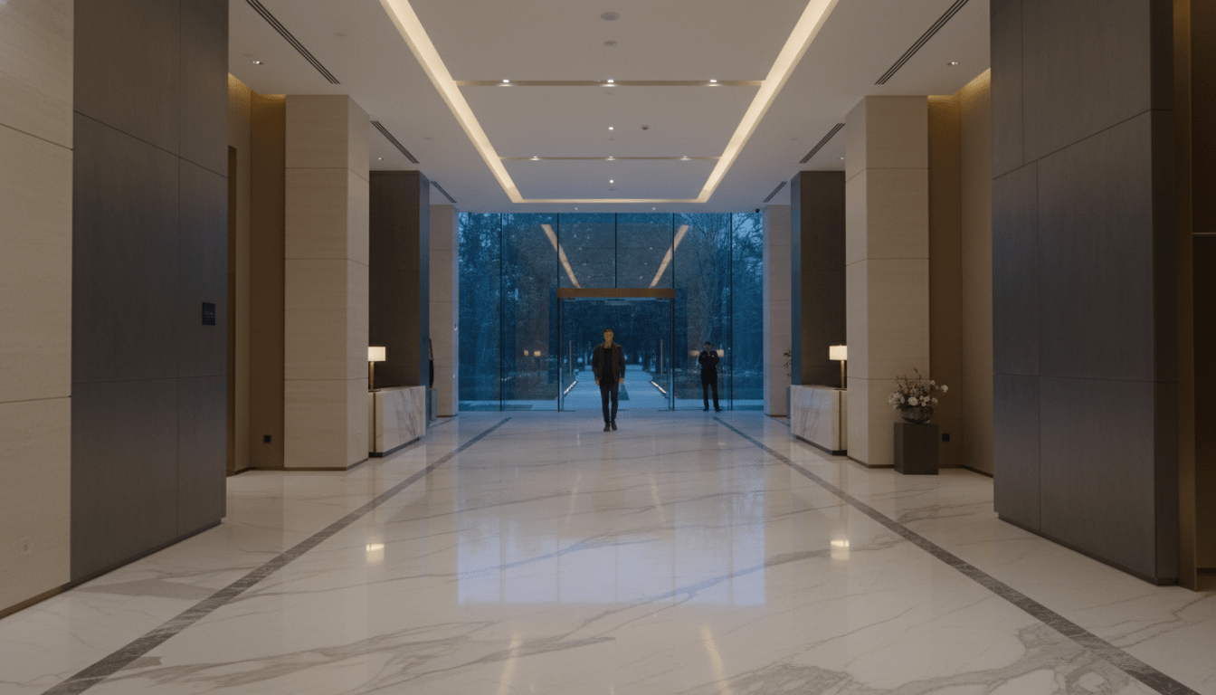 Interior de hotel de lujo con diseño minimalista y ambiente de seguridad discreta