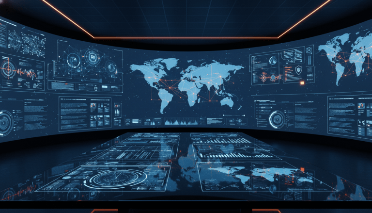 Centro de control logístico avanzado con visualización de datos globales y ciberseguridad industrial