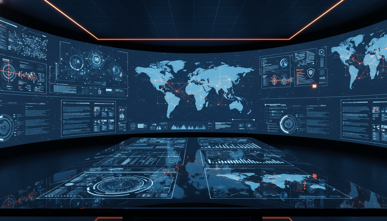 Centro de control logístico avanzado con visualización de datos globales y ciberseguridad industrial