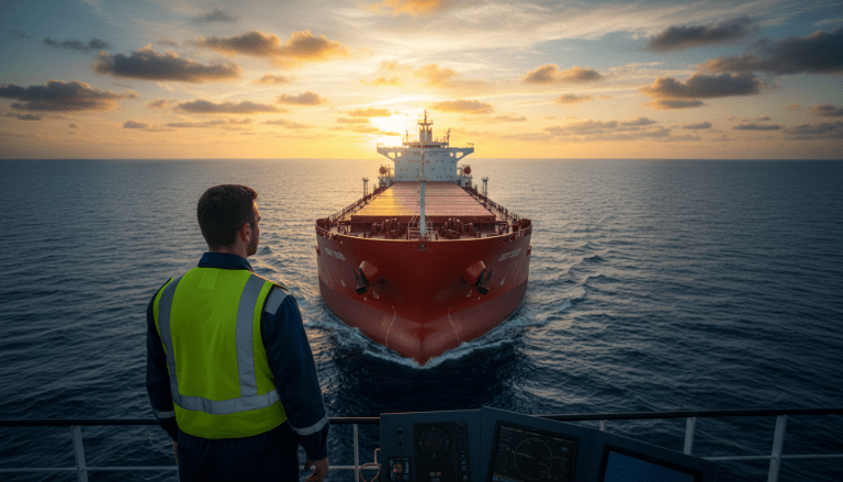 Oficial de seguridad marítima observando un buque de carga en alta mar para el cumplimiento del Código PBIP