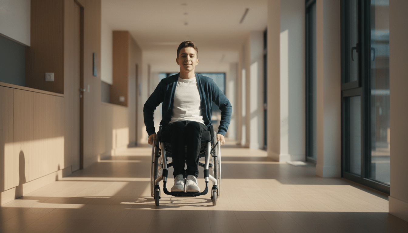 Persona en silla de ruedas recorriendo un espacio interior accesible y seguro con iluminación natural.